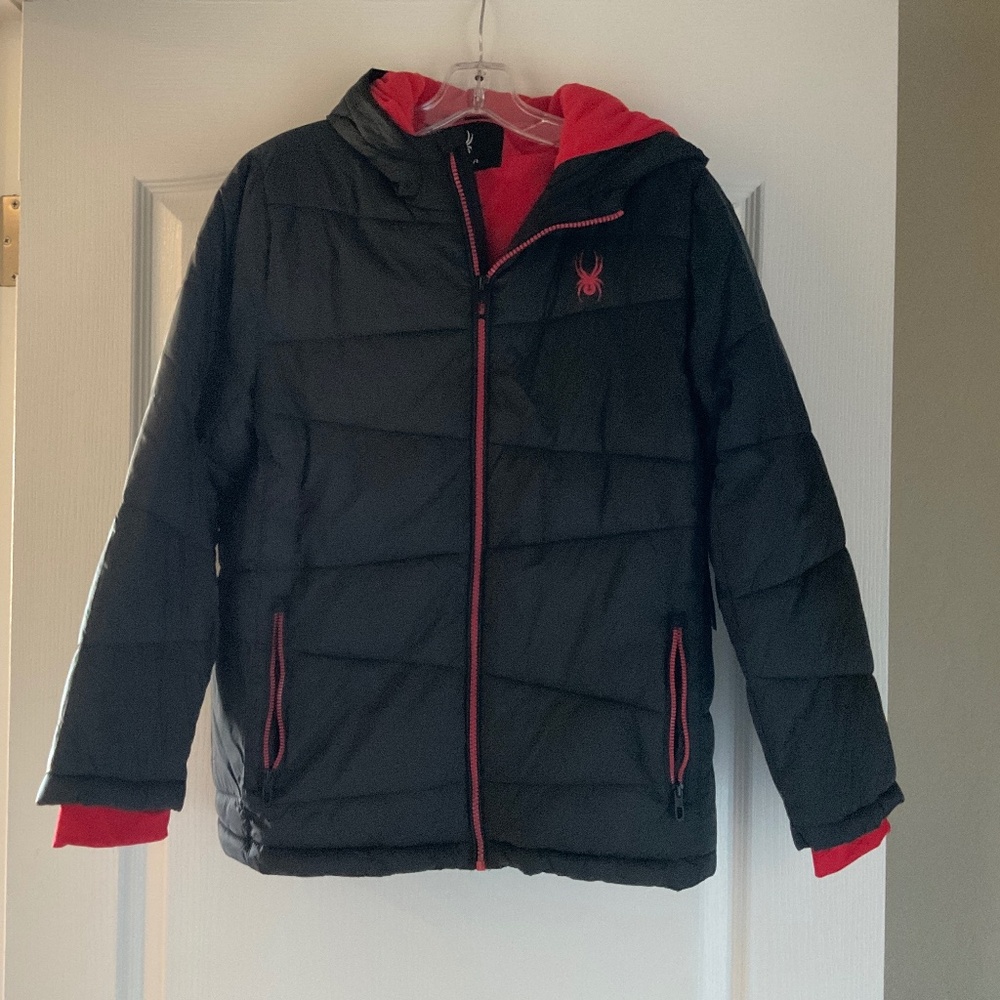 Black down jacket, Spyder brand, size kids Large.  Red lining and zippers